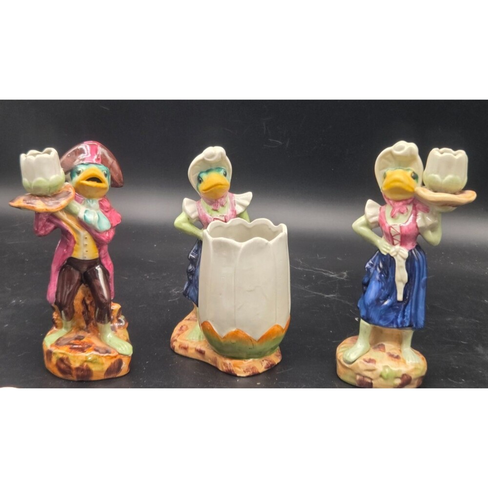 R Tallin inspired Noveau Majolica Pottery Frog Candlesticks and Vase Set
